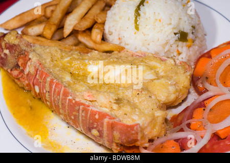 Abendessen mit Hummer Schweif mit Reis und Gemüse Teller fotografiert in Nicaragua Mittelamerika Karibik-Stil Stockfoto