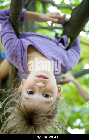 Warum zum Fußballtraining gehen, wenn Sie von einem Baum im Garten hängen kann? Stockfoto