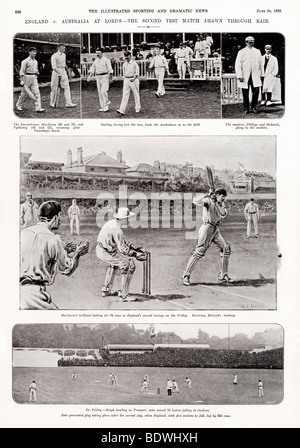 England V Australien, Lords, 1905 Fotos in einer Zeitschrift Ausbreitung des zweiten Asche Tests, gezeichnet durch Regen Stockfoto