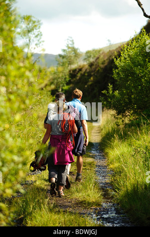 Wandern entlang der Höflichkeit Wanderweg auf der alten Schiene Gleisbett, Sommer Cwm Prysor, Snowdonia-Nationalpark, Gwynedd, Nordwales, Stockfoto