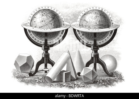 Mathematische und geometrische Probleme Kompass Instrument Herrscher Maßnahme Astrolabium Sextant Ellipse Erde Drehung sphärische gravit Stockfoto