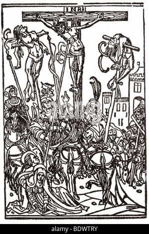 w w Caxton 1499 de Worde Xii Profytes der Trabulacyon der Kreuzigung Johannes kniend um Mary ein piercing Jesus Si Reiter unterstützen Stockfoto