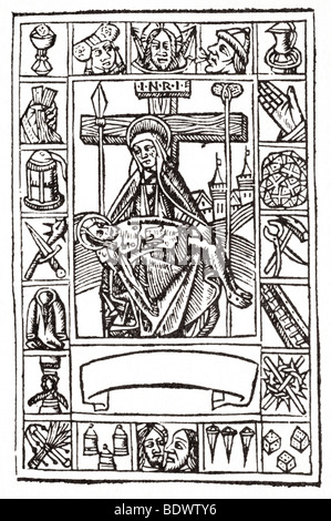 w de Worde 1515 Thomas ein Kempis Imytacio Gespinst Imitation von Christus Bild des Mitleids Maria trägt eine doppelte Schatten Nimbus und halten Stockfoto