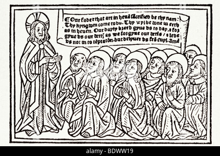 w de Worde 506 Arte, Lyue Jesus in eine schwarze und weiße kreuzförmige Nimbus Lehre der zwölf Apostel, die Nimbed und Ar sind gut