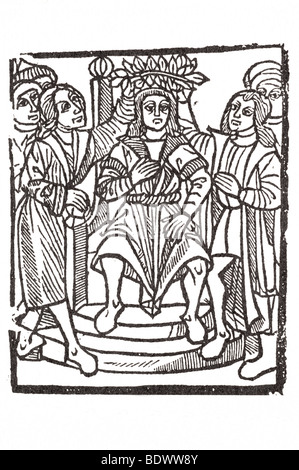 w de Worde 1503 le Fevre Raol Geschichte von troy drei Höflinge eins eine Platzierung Alaurel Kranz auf dem Kopf einen edlen sitzen auf einem Stockfoto