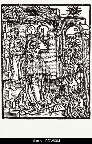 j Siberch 1521 Galen Claudius de Temperamentis der Geburt Joseph Maria ohne Nimbus kniend in der Anbetung das Kind Jesus in Stockfoto