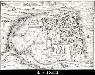 Plan von Jerusalem ca. 1600 1 jüdischen Quaryer 2 Bethlehem 3 Pool von Siloah 4 Grab der Rachel 5 Grab der Könige 6 Palast des Herodes 7 Stockfoto