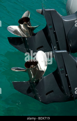 Die Propeller von einem Motorboot Außenbordmotor statt aus dem Wasser Stockfoto