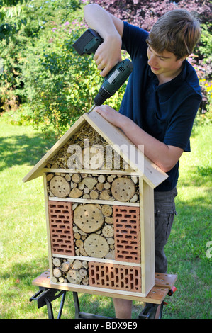 Teenager bauen ein Insektenhotel Stockfoto