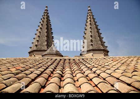 Zwillingstürme und das Dach des Palais des Papes, der Papstpalast in Avignon, Provence, Frankreich, Europa Stockfoto