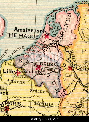 Original alte Karte von Belgien und Niederlande aus 1875 Geographie Lehrbuch Stockfoto