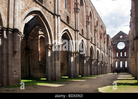 San Galgano im 12. Jahrhundert Abtei gegründet von Französisch Zisterzienser-Mönche in der Nähe von Siena, jetzt mit dem Dach eingestürzt. Stockfoto