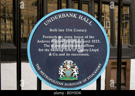 Blaue Plakette in Underbank Hall, Stockport Stockfoto