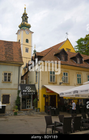 Der Glockenturm der St. Maria Kirche, Crkva Sv Marija aus Tkalciceva Ulica, Tkalciceva Street, Gornji Grad, Zagreb, Kroatien, Euro Stockfoto