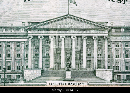 US-Finanzministerium Gebäude aus zehn-Dollar-Schein. Stockfoto