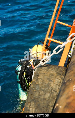 Gewerblicher Taucher aus dem Mittelmeer. Kabel von der Oberfläche liefern Strom für das Licht, Stockfoto