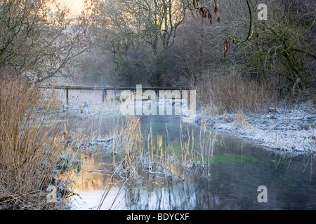 Der Fluß Lathkill bei Lathkill Dale in Derbyshire an einem kalten frostigen Winter Morgen Stockfoto