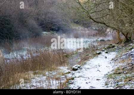 Der Fluß Lathkill bei Lathkill Dale in Derbyshire an einem kalten frostigen Winter Morgen Stockfoto