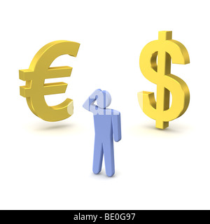 Golden Dollar, Euro und denkende Mensch Stockfoto