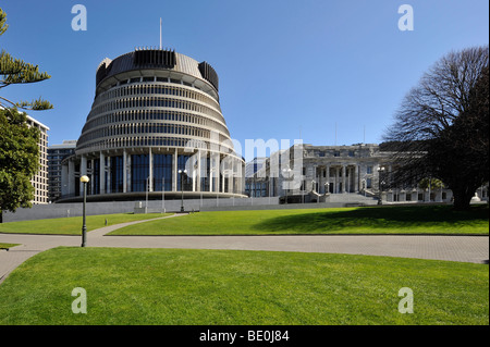 Parlamentsgebäude und "Bienenstock", Wellington, Neuseeland. Stockfoto