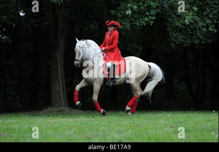 Frau im Kostüm aus dem XVII Jahrhundert auf ihrem Pferd während barocke Reiten Leistung in Warschau, Polen Stockfoto