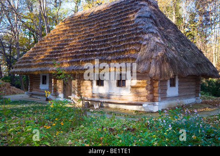 Ukrainische historische Land Holzhütte mit Strohdach und Blumen im Vordergrund Stockfoto