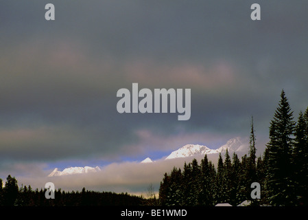 Kootenay Nationalpark, Kanadische Rockies, BC, British Columbia, Kanada - Schnee bedeckt Bergkette eingehüllt in Wolken, Winter Stockfoto