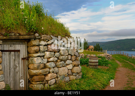 Clydesdale horse und Tür des Schwarzen Haus mit sod Dach und Steinmauern im Highland Village Museum iona Cape Breton Island Nova Scotia Kanada Stockfoto