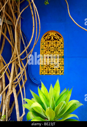 Eines der vielen dekorativen Fenster in den Jardin Majorelle in Marrakesch Stockfoto