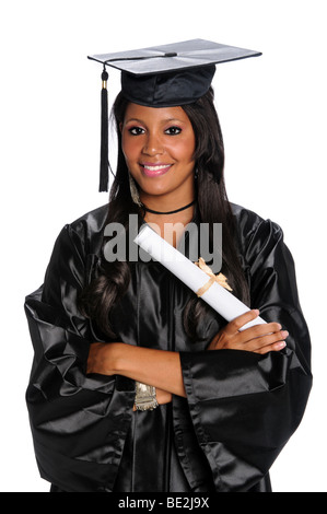 Young African American Graduate gekleidet in Robe und Doktorhut Stockfoto