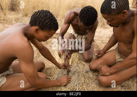 Naro Buschmänner (San) Männer machen ein Feuer mit Commiphera Stöcken, Central Kalahari, Botswana Stockfoto