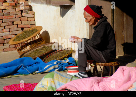 Armut, alte Frau, die einen Hut vor ihrem Haus in der Sonne sitzen, um sich aufzuwärmen, Tee trocknen lässt, Stadt von Phongsali, Ph Stockfoto