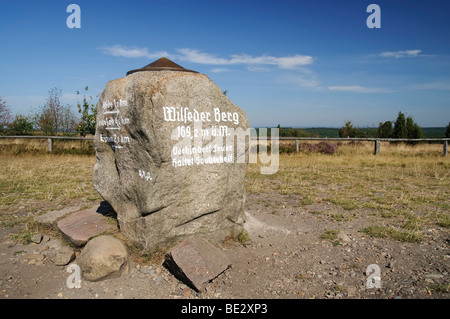 Stein auf dem Gipfel des Mount Wilseder in der Nähe von Wilsede, Naturpark Lüneburger Heide, Niedersachsen, Deutschland, Europa Stockfoto