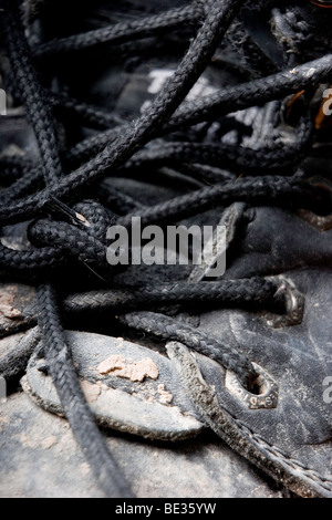 schwarze Stiefel Schnürsenkel Stockfoto