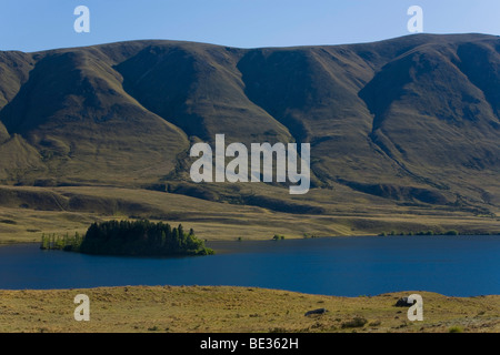 Insel auf See Clearwater mit den Bergen des Bereichs Hunde, Südinsel, Neuseeland Stockfoto