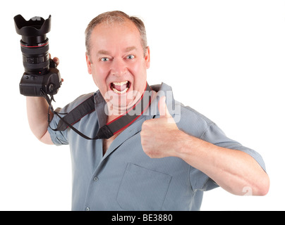 Ein männlicher Fotograf hatte eine erfolgreiche Foto-Shooting und seine Anerkennung mit seinem Daumen auftauchen. Stockfoto