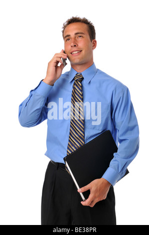 Geschäftsmann auf dem Handy und hält ein portfolio Stockfoto