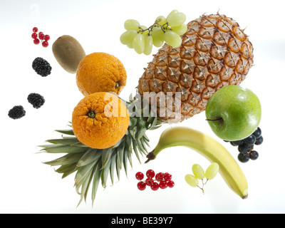 Fliegende Früchte, Ananas, Orangen, Apfel, Banane, Brombeeren, Kiwi, Trauben, Johannisbeeren Stockfoto