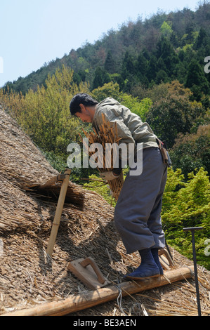 Thatched Dach, Gassho, Gassho-Zukuri, eine traditionellen japanischen Bauernhaus ist neu gedeckt, Ohara in Kyoto, Japan, Asien Stockfoto