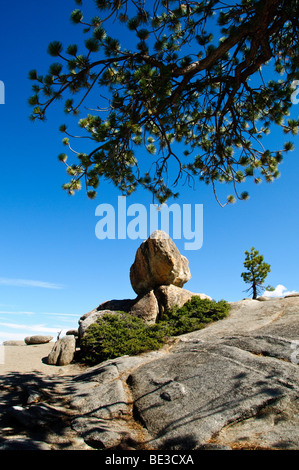 Taft Point Granite Boulder Yosemite National Park California // YOSEMITE NATIONAL PARK, Kalifornien – der markante Granitblock am Taft Point ist ein bemerkenswertes Merkmal entlang des zerklüfteten Taft Point Trail. Dieser Weg führt durch Kiefernwälder und führt zu dramatischen Ausblicken auf die Klippen mit Blick auf das Yosemite Valley. Taft Point ist eine weniger überfüllte Alternative zu beliebten Aussichtspunkten und zeigt die beeindruckenden Granitformationen und die weite Wildnis des Parks. Der Yosemite-Nationalpark, ein UNESCO-Weltkulturerbe in der kalifornischen Sierra Nevada, ist bekannt für seine Granitklippen, Wasserfälle und riesigen Mammutmammutbäume Stockfoto