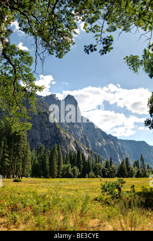 Yosemite Valley Meadow Granite Cliffs Yosemite National Park Kalifornien Vereinigte Staaten | YOSEMITE NATIONAL PARK, Kalifornien, Vereinigte Staaten – überhängende Eichenzweige umrahmen eine sonnendurchflutete Wiese und zerklüftete Granitgipfel im Yosemite Valley. Die Granitwände des Tals wurden über Millionen von Jahren von Gletschern gemeißelt und ragen tausende Meter über den bewaldeten Boden. Der 1890 gegründete Yosemite-Nationalpark wurde 1984 zum UNESCO-Weltkulturerbe erklärt. Stockfoto