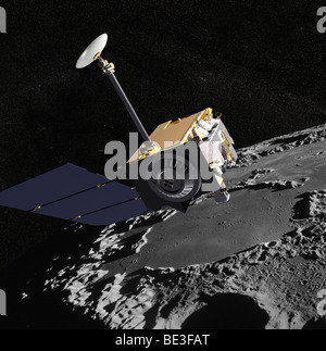 Künstler-Konzept der Lunar Reconnaissance Orbiter mit Apollo-Mission-Bildern im Hintergrund. Stockfoto