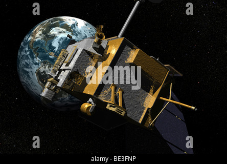 Künstler-Konzept der Lunar Reconnaissance Orbiter mit einem Bild der Erde in den Hintergrund. Stockfoto