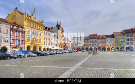 Historische Altstadt, Marktplatz mit Arkaden, Budweis oder böhmischen Budweiser Budvar, Böhmen, Tschechische Republik, Europa Stockfoto