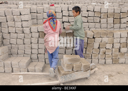 Ziegelbrenner mit Kinderarbeit in der Nähe von Shey, Ladakh, Indien, Himalaya, Asien Stockfoto