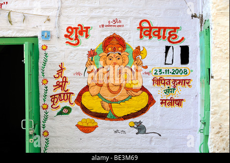 Wandmalerei von der Elefantengott Ganesha, Ganesh, Jaisalmer, Rajasthan, Nordindien, Indien, Südasien, Asien Stockfoto