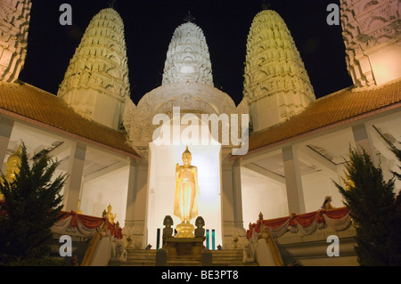 Beleuchtete buddhistische Tempel, Chedis, Nacht, Sukhothai, Thailand, Asien Stockfoto
