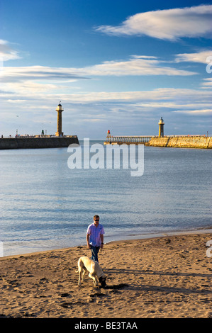 Mann zu Fuß Hund am Strand Stockfoto