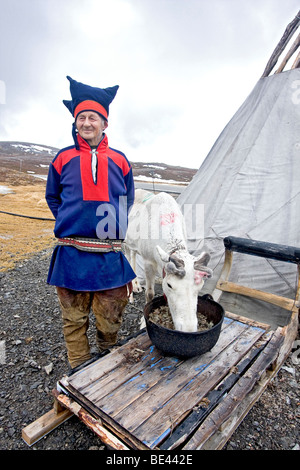 Älterer Sami Mann in traditioneller Kleidung zeichnet sich durch sein Zelt mit einem seiner Rentiere in der Nähe der Stadt Honningsvag, Norwegen. Stockfoto