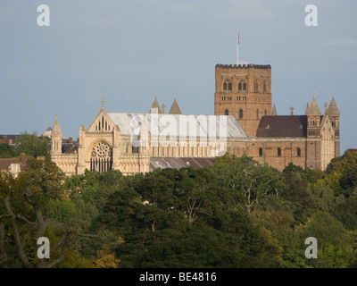 St Albans Abbey in Abendsonne im September; flankiert von Bäume und Himmel, Standpunkt aus über Verulamium Park. Stockfoto